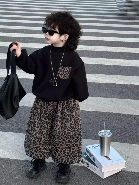 男女宝秋季新款套装豹纹卫衣灯笼裤两件套装韩版百搭时尚洋气