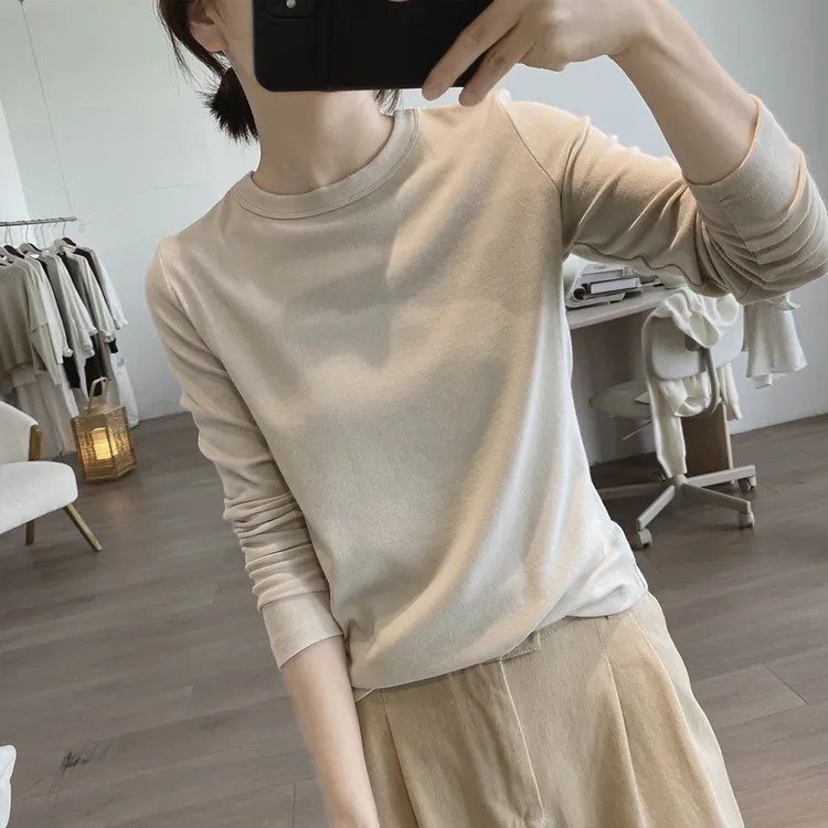 白色基础款长袖T恤女春秋新款正肩圆领内搭打底衫棉质纯色上衣潮