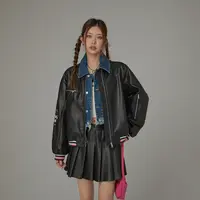 M014【金拐子专属】CHUU字母撞色印花涂鸦宽松仿皮衣外套-F