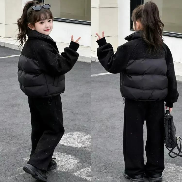 女大童冬装棉衣套装2025新款洋气短款棉服女孩冬加绒直筒裤两件套