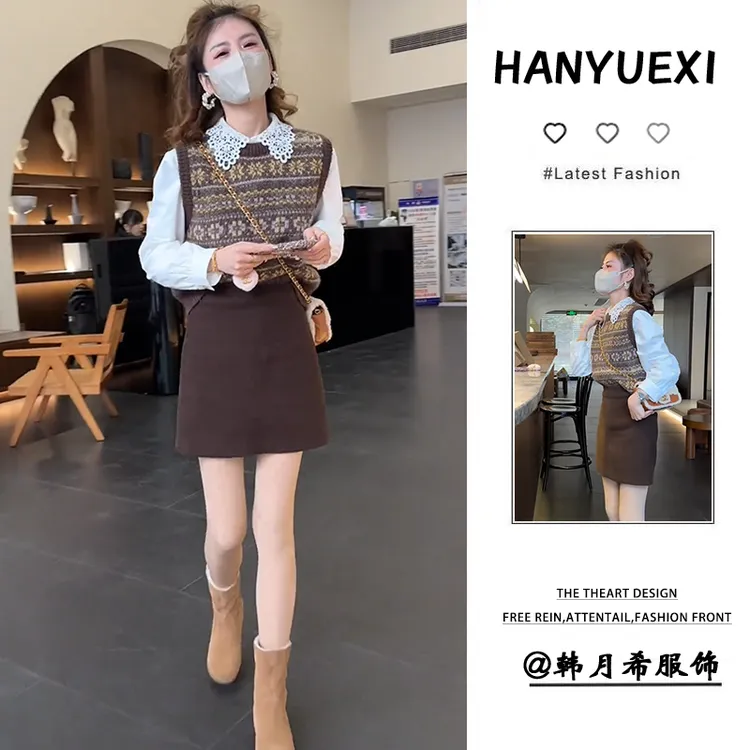 早春一整套女装2025新款韩版复古撞色提花针织马甲时尚短裙三件套