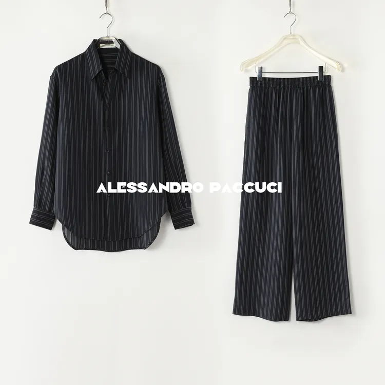 AP洛哥51028HC/51070KC【蓝靛】桑蚕丝纵向条纹翻领衬衫/休闲长裤