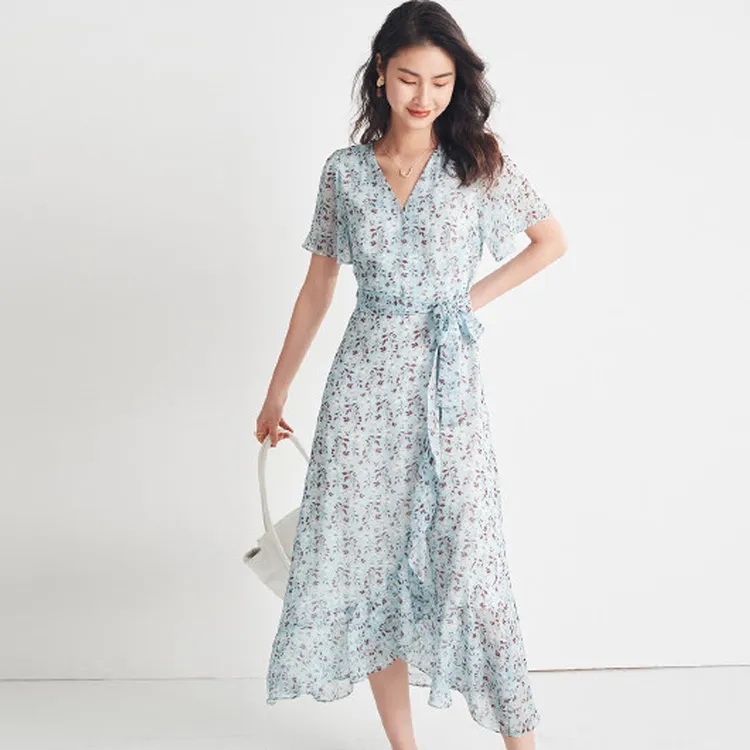 墨枝 气质V领显瘦印花桑蚕丝连衣裙CHT212245