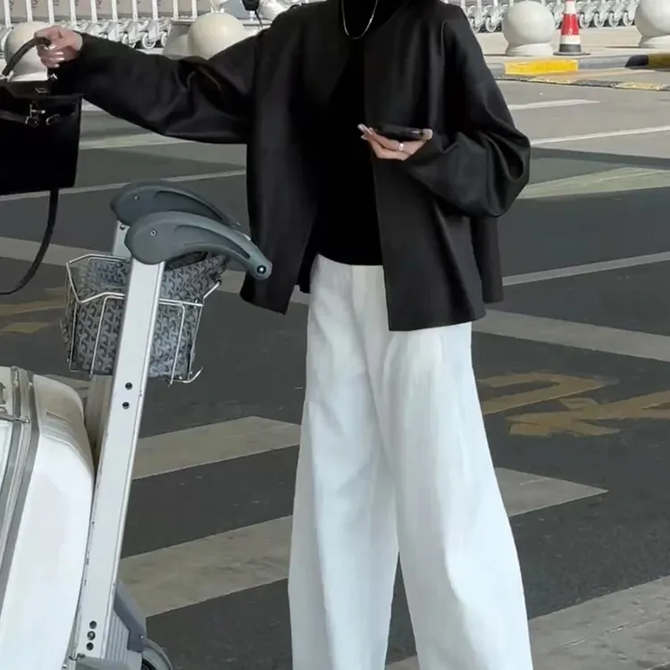 2025春流行高级感圆领机车皮衣夹克外套裤子两件套女时尚百搭套装