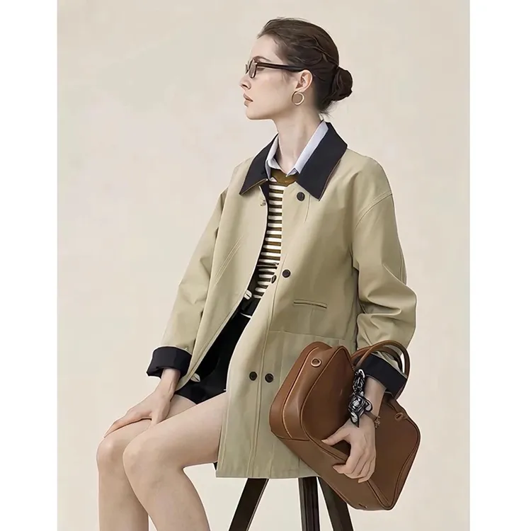 英伦撞色巴恩风小个子廓形风衣秋季中长款外套女FY25039