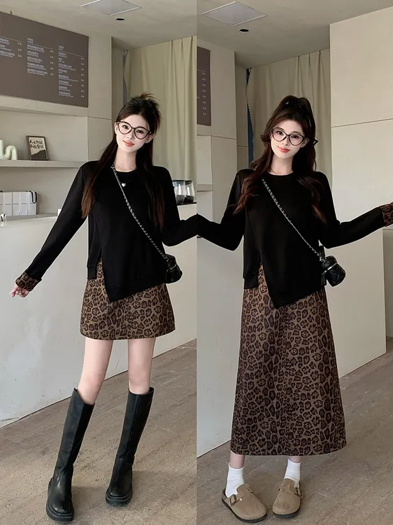 2025秋季新款胖mm大码女时尚洋气显瘦豹纹长短裙20722+20719