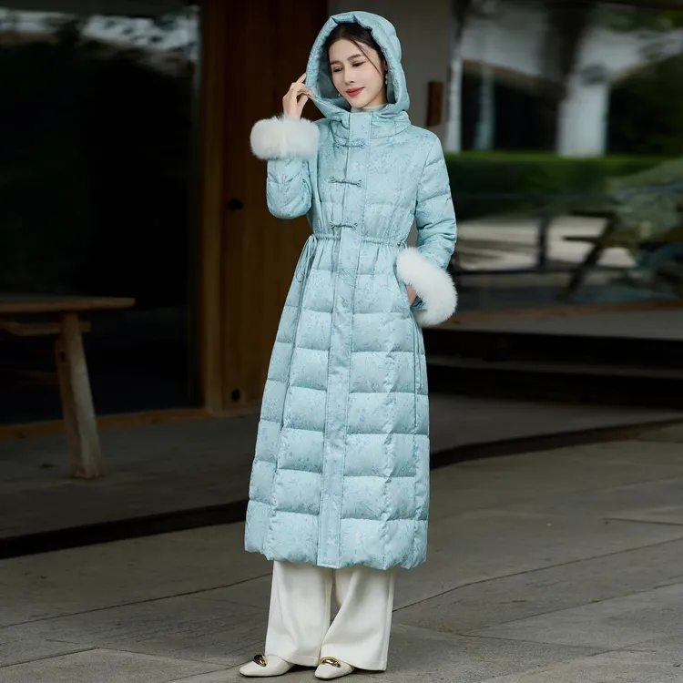 H477  蓝色羽绒服2025新款女装冬季宽松中长款女中国风盘扣连帽
