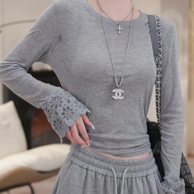 2025春夏新款蕾丝拼接亲肤慵懒长袖打底衫T恤上衣LK2502311