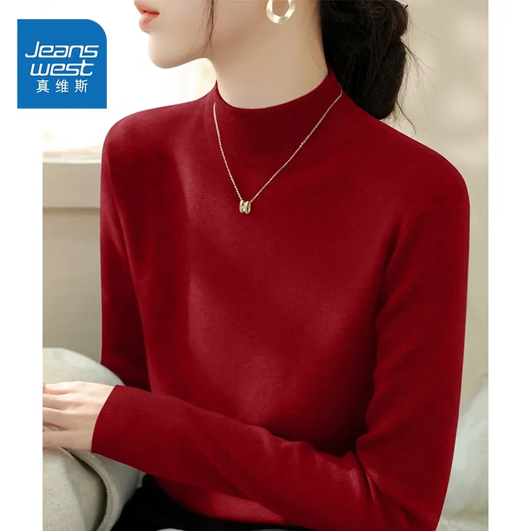 真维斯新年半高领毛衣女冬季2025新款秋冬女装加绒加厚打底针织衫