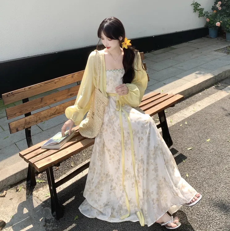 2025夏季大码女装新款时尚温柔风显瘦开衫碎花吊带连衣裙两件套
