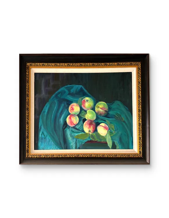 手绘油画作品：《青帷藏桃》