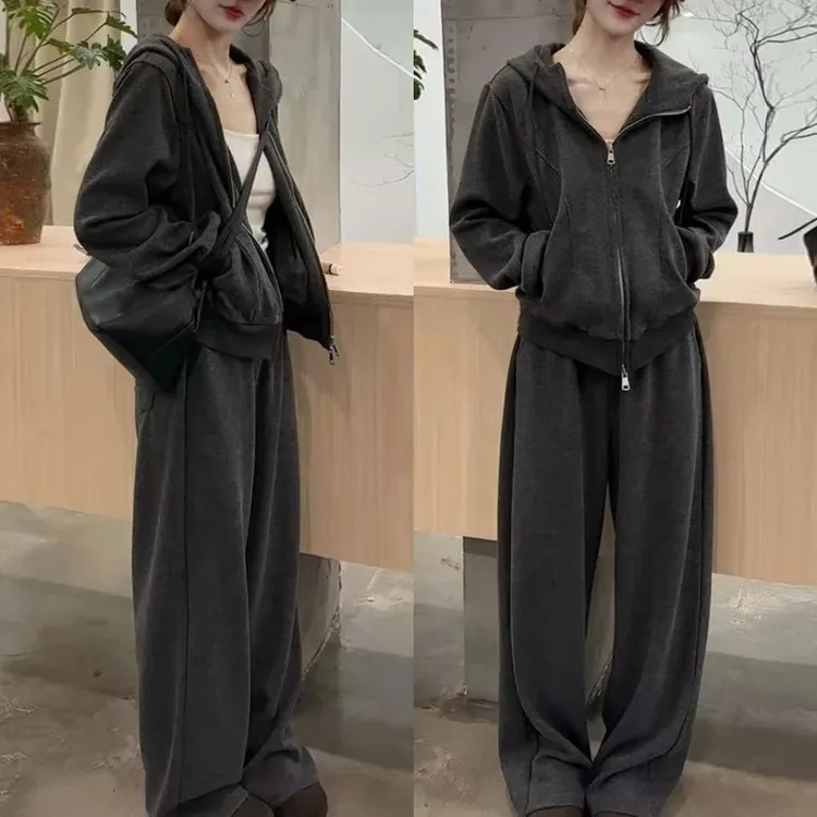 时尚套装女2026春秋新款韩版气质拉链开衫卫衣休闲阔腿长裤两件套