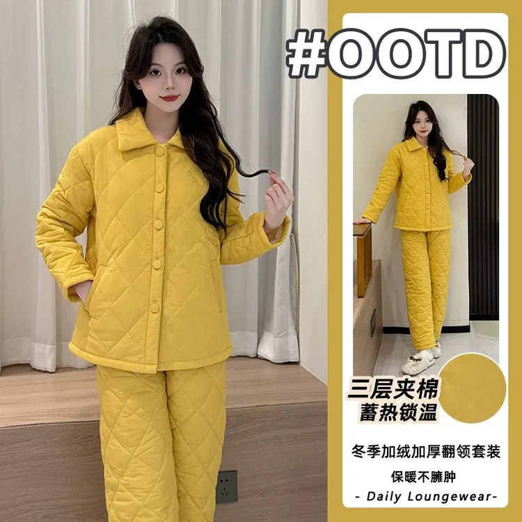 加绒加厚2025年冬季三层夹棉睡衣女保暖翻领时尚家居服两件套套装