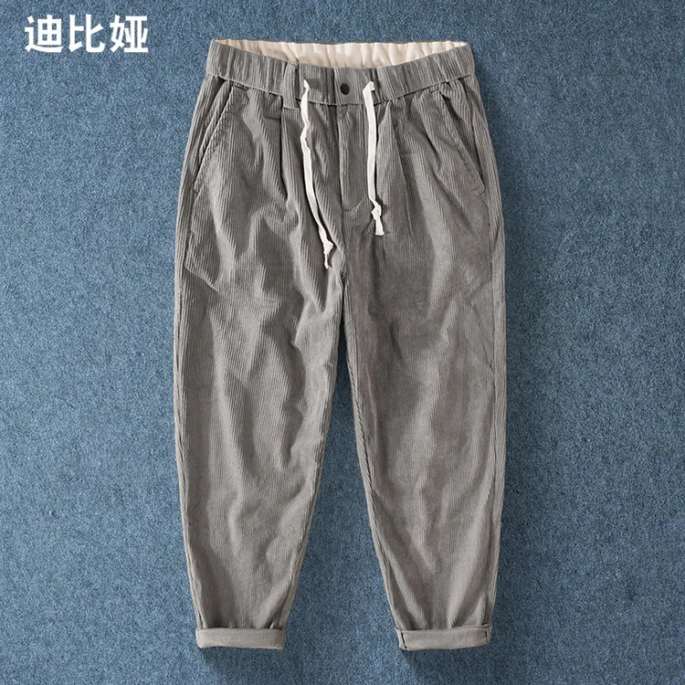 迪比娅秋季灯芯绒休闲裤男士松紧腰合体直筒九分裤子纯色男长裤Y