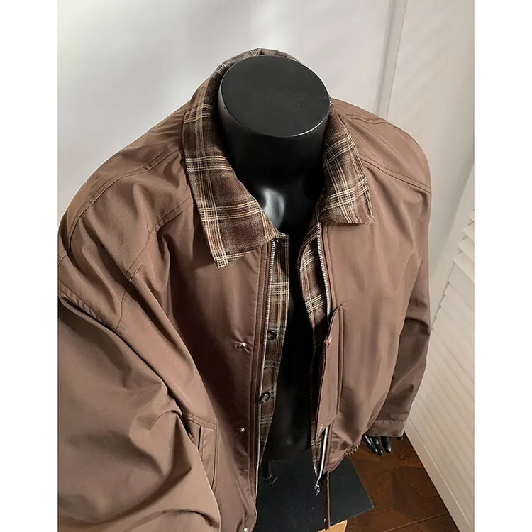 古着vintage棕色外套男春季美拉德假两件夹克翻领短款廓形棒球服