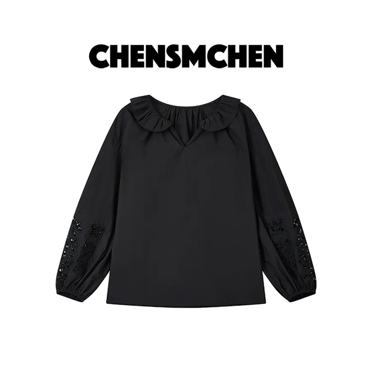 CHENSMCHEN 100棉纯色简约镂空衬衫女休闲宽松显瘦衬衣CSC7602YW