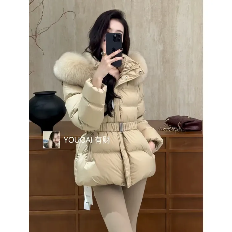 外套(配腰带可拆帽子袖子可拆真狐狸毛毛领)收腰修身羽绒服外套