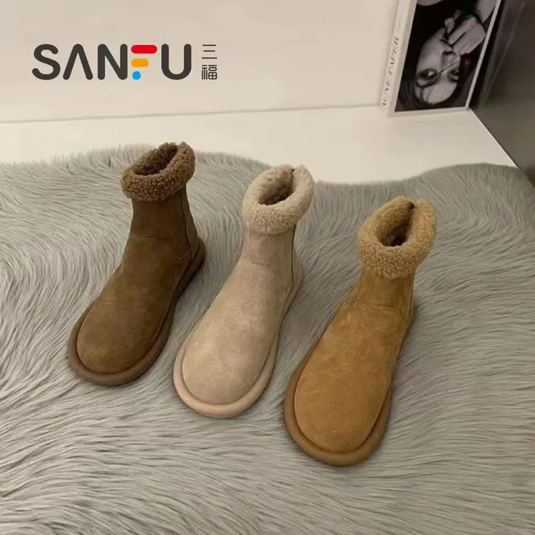 三福雪地靴女2025新款冬季加绒加厚皮毛一体短靴美拉德毛毛鞋棉鞋