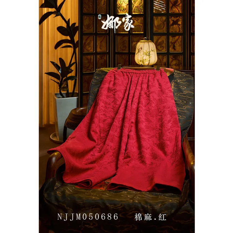 娜家棉麻秋冬长款阔腿裤NJM（050686）复古日常中国风红色冬季古风