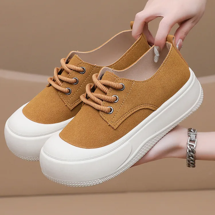2025新款勃肯鞋女爆款网红休闲鞋厚底圆头系带小白鞋时尚乐福鞋