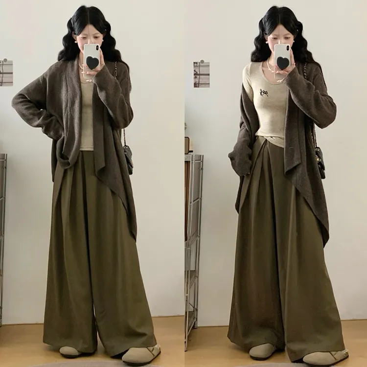 大码胖mm秋冬韩系慵懒风设计感毛衣开衫针织修身打底阔腿裤三件套