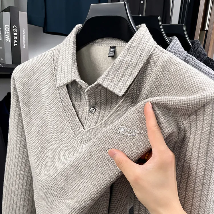 冬季男装衬衫领厚款秋冬季Polo衫华夫格polo衫时尚刺绣