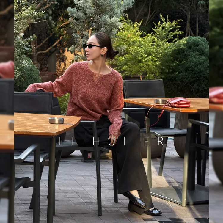 LiHuiEr李慧儿【圣晚雪松】2025冬季显瘦舒适针织花杏色毛衣L668026