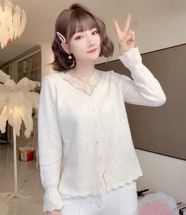 【钉珠蕾丝V领】显瘦韩系高级感钩花针织衫早春季洋气百搭气质时尚