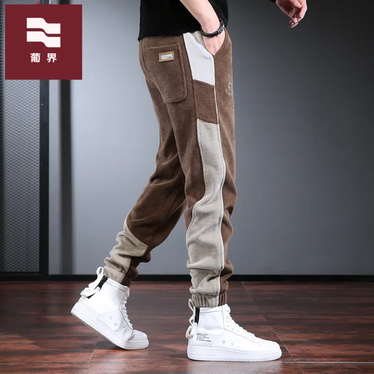 冬季加绒加厚卫裤男潮牌撞边休闲裤棕色个性靓彩雪尼尔裤子男痞帅