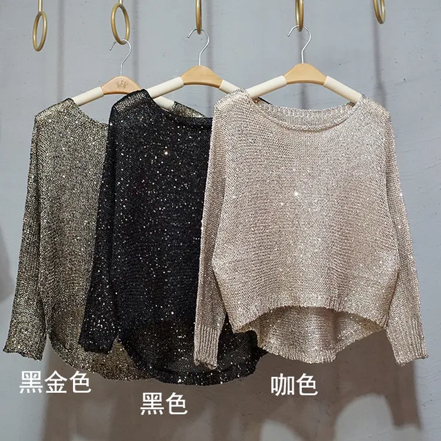 新款夏季闪闪2022宽松蝙蝠袖亮丝亮片透视镂空短袖防晒薄款罩衫女