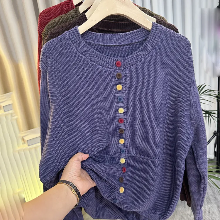 彩色单排扣宽松圆领开衫外套2025年秋季新款慵懒风棉线针织衫