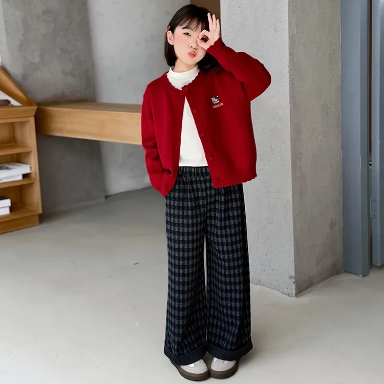 女大童春秋套装2025新款女童秋季针织外套儿童秋装红色毛衣两件套