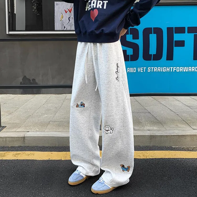 360g高克重曼巴棉卫裤男女小狗刺绣秋季美式宽松弯刀裤休闲运动裤