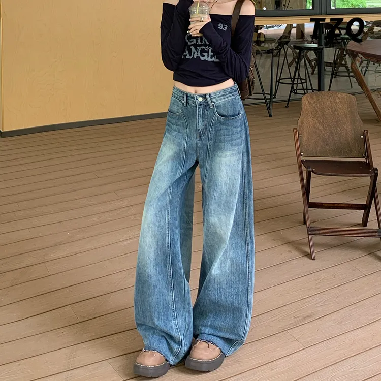 复古蓝弯刀牛仔裤女款爆款2025秋季梨型身材显瘦高腰宽松腿镰刀裤