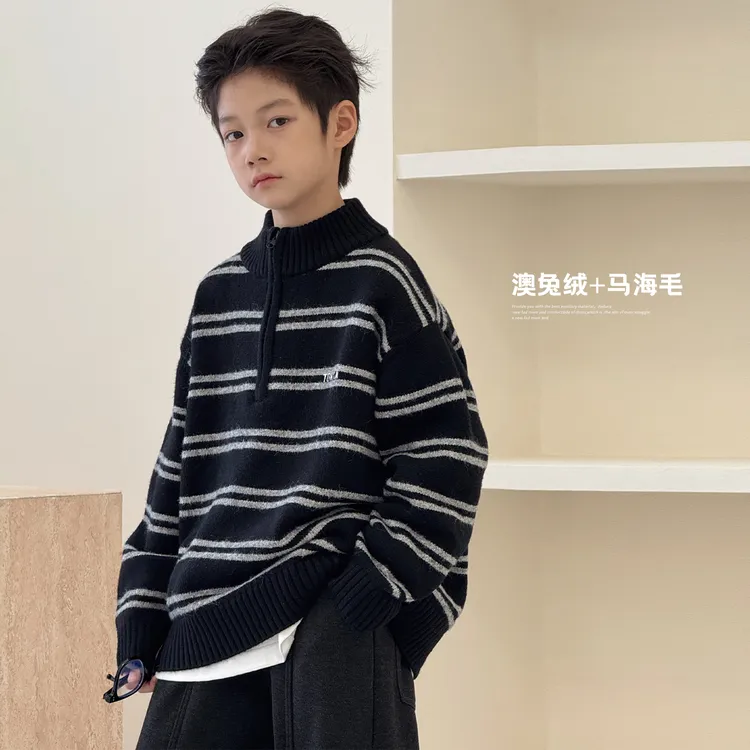 爆款男童毛衣冬装新款中大童洋气条纹针织衫儿童保暖毛线衣G1010