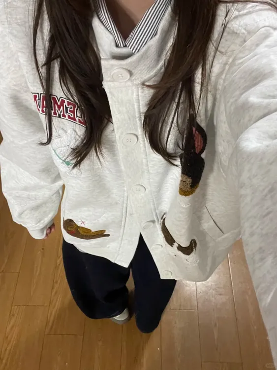灰色毛巾绣可爱小狗棒球服外套女春秋立领夹克韩系慵懒风开衫卫衣
