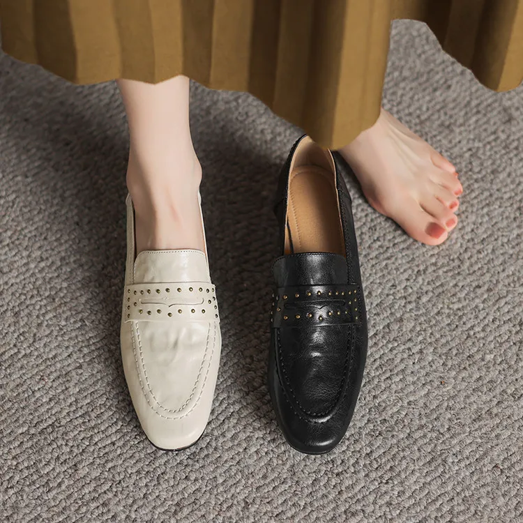 头层羊皮2025春季真皮女单鞋百搭软底豆豆鞋复古粗跟深口低帮女鞋