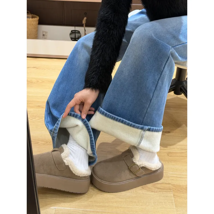 加绒蓝色微喇牛仔裤女秋冬新款低腰修身显瘦拖地直筒不贴腿喇叭裤