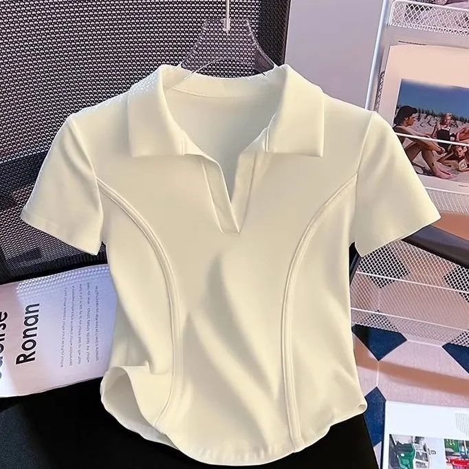 polo领正肩短袖t恤女夏季翻领鱼骨收腰短款体恤高端半袖上衣