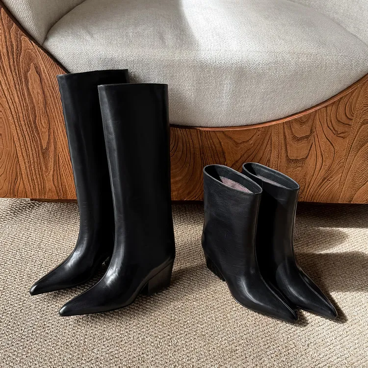 牛皮~6cm时尚简约高货百搭真皮尖头及膝新款高跟粗跟黑色中筒长靴