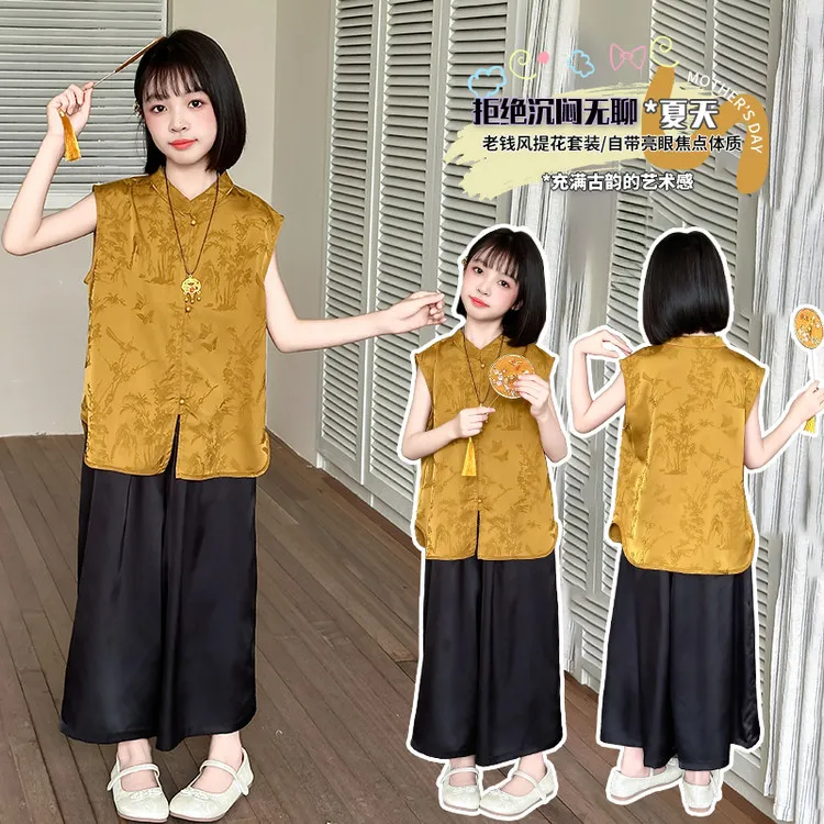 夏季新款儿童国风套装薄款女童夏装套装中大童洋气国风黄马褂唐装