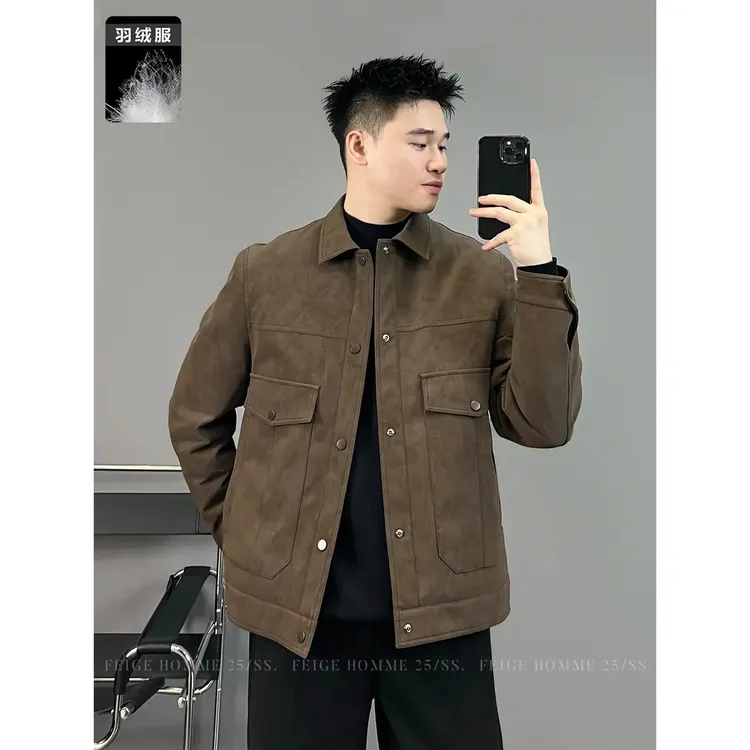 APENG冬季 轻熟英伦保暖男时尚戴盖修身羽绒皮衣翻领夹外套 8555