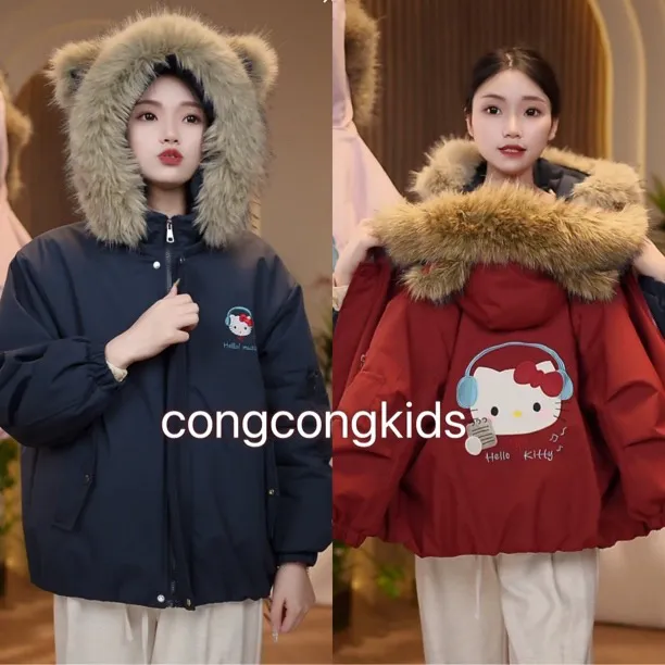 卡通加绒棉服韩版耳机KT猫兔毛派克服2025新款加绒加厚亲子派克服