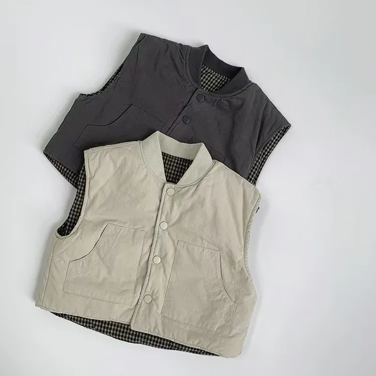 双面穿棉马甲2025冬季新款男女童格子坎肩中小儿童保暖背心韩版潮