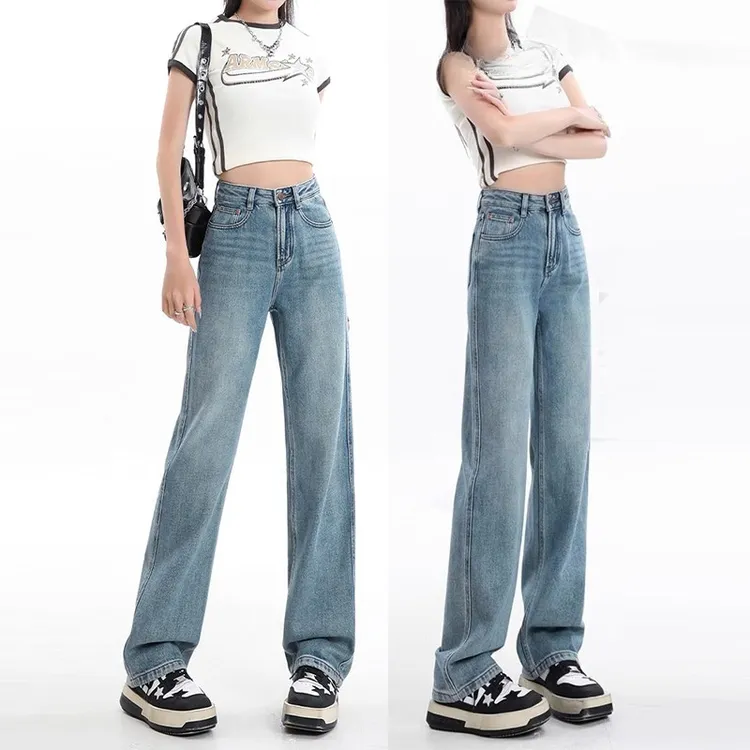 复古直筒软牛仔裤女弹力水洗高腰梨形身材小个子阔腿休闲窄版裤子