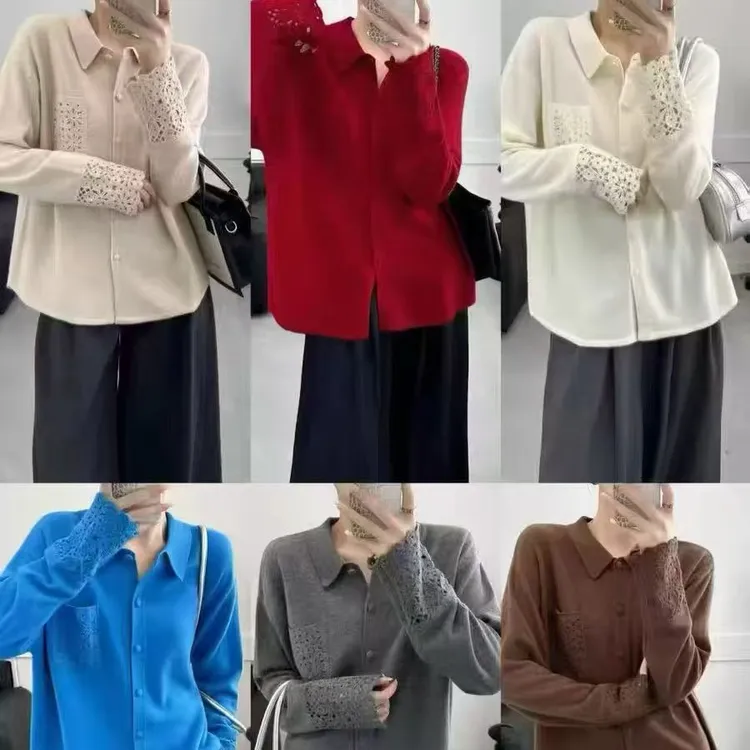 8022#秋季新款全羊毛针织衫镂空拼接设计感长袖翻领衬衫上衣女潮