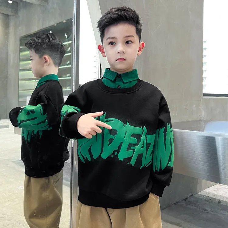 男童加绒宽松假两件卫衣2024休闲洋气韩版冬装中大童潮流儿童气质