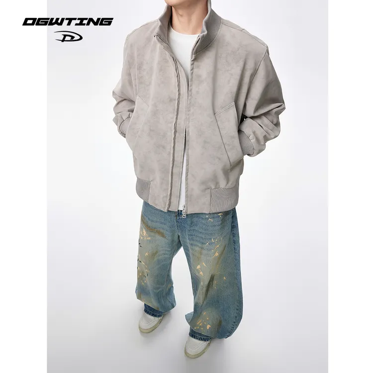 DGWTING美式立领硬汉飞行夹克男早秋高级感痞帅皮衣bomber棒球服
