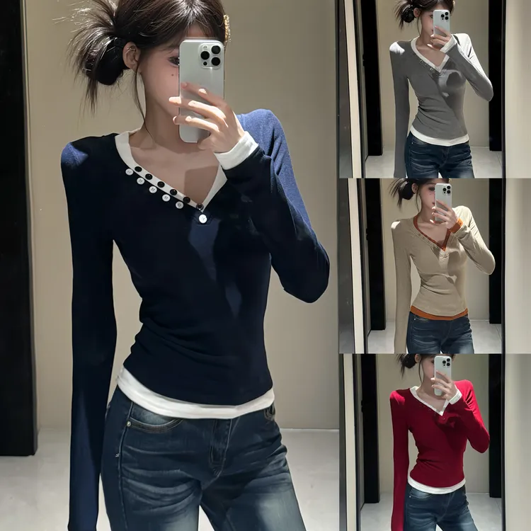 【慕斯绒】2025秋冬V领新款拼接假两件长袖t恤女显瘦内搭上衣7126