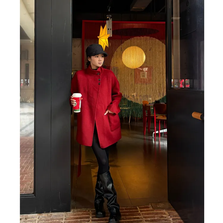 OuYing欧莹羊毛大衣立领女老钱风防风不褪色毛呢外套毛呢排扣时尚